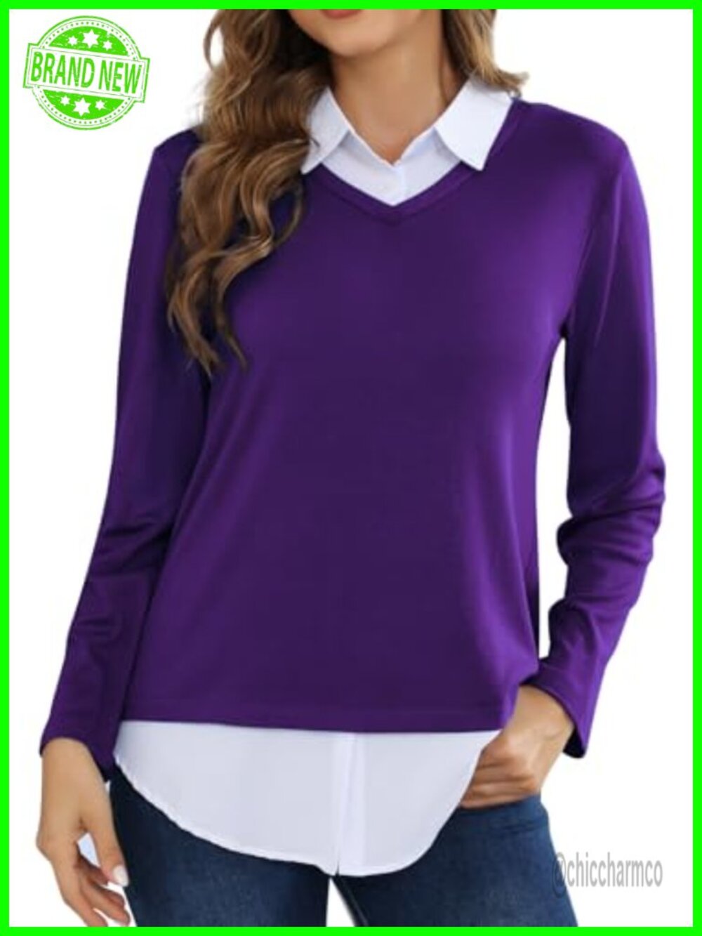Collared V-Neck Pullover Sweater Long Sleeve Loose Fit Office Casual